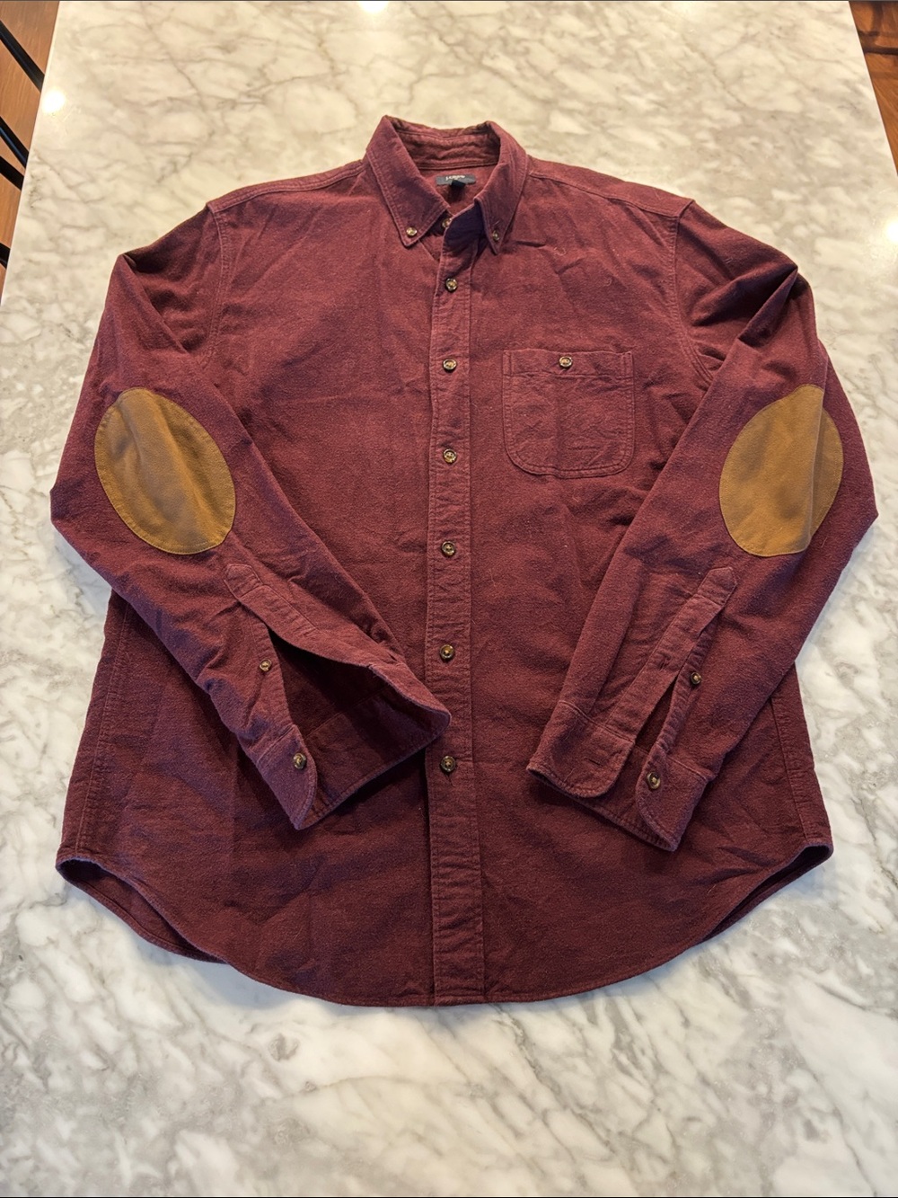J. Crew Men's Burgundy flannel Button-Down Shirt with Tan Elbow Patches